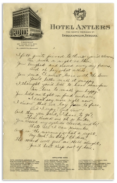 Moe Howard Handwritten Poem to His Wife, Entitled ''It happened in Monterey! (last night)'' -- 2pp. Poem on 2 Sheets of 6'' x 9.5'' Hotel Antlers Stationery From Indianapolis -- Very Good Condition